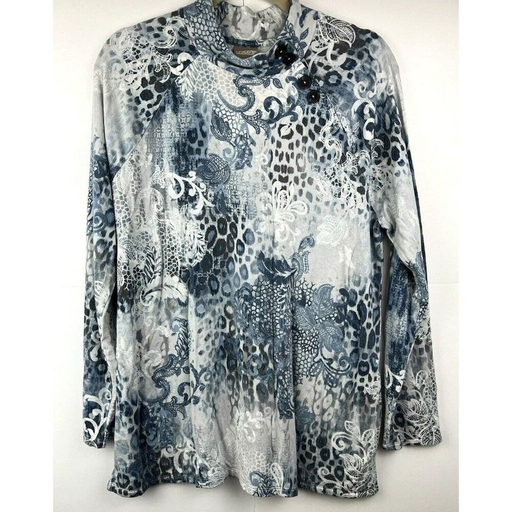 Chicos Women's Top 2 US‎ Large Blue White Long Sleeve Stretch Pullover Paisley